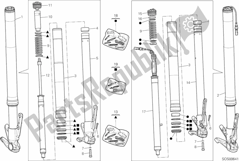 All parts for the Front Fork of the Ducati Multistrada 1200 S Pikes Peak Brasil 2015